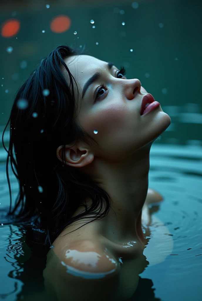 Night scene, close-up photo of topless nun, small breasts, bathing near the waterfall, body soaked in water, lean cheeks, wet hair, chin up, seductive face, no bra, stones, pure water, cleavage show, water on the body, realistic pores on the body, look up at the sky and smile, black ponytail hair, (blue eyes: 0.8), beautiful adult face, 20 yo, soft volumetric lights, (backlit: 1.3), (cinematic: 1.3), intricate details, (ArtStation: 1.2)