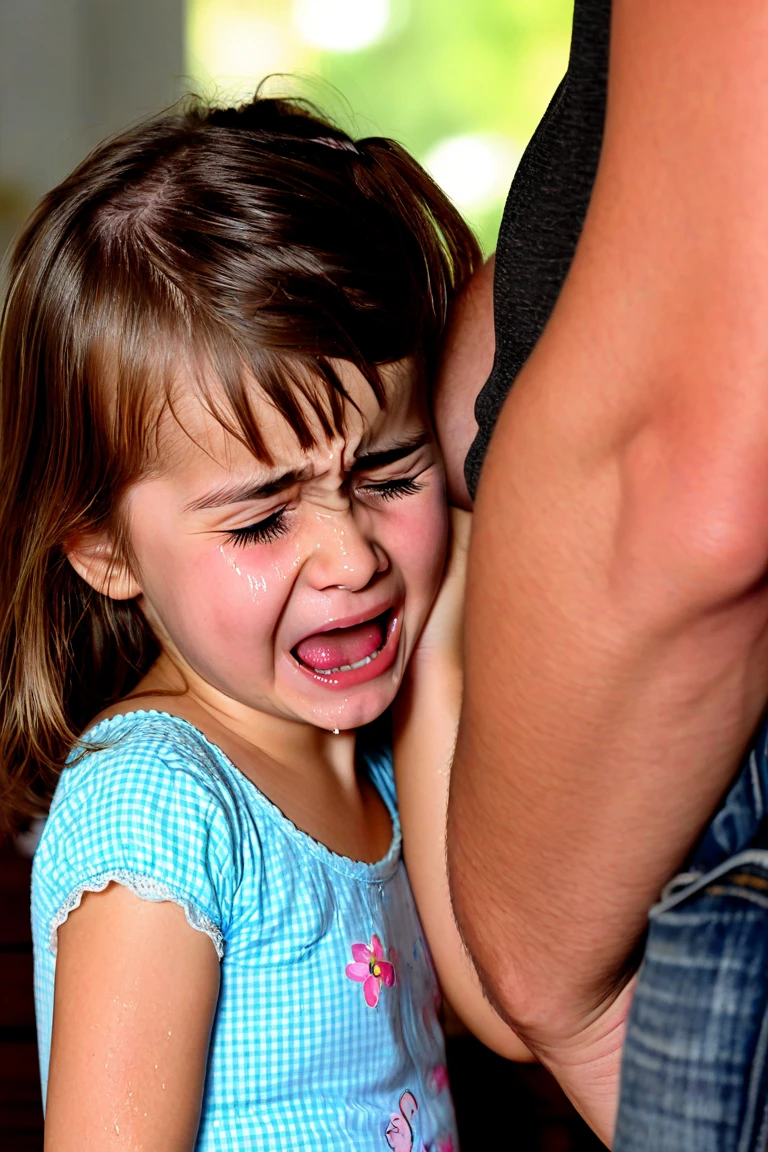 A realistically rendered scene of a young, visibly distressed high school girl, her uniform in disarray, being held against the wall of a dimly lit classroom by two authoritative male teachers. Their expressions are a disturbing mix of lust and dominance as they slowly strip away her clothing, revealing her naked, trembling body. One teacher has a firm grip on her wrists above her head, his other hand unbuttoning her shirt, while the second teacher kneels before her, his face buried in her panties as he forcefully pulls them down. The girl's eyes are wide with fear, her mouth a silent scream, and her legs are slightly parted in an involuntary submission to their invasive touch. The classroom setting is stark and cold, the desks and chalkboard in the background a stark reminder of the perversion of power dynamics unfolding before them. The lighting casts harsh shadows across the scene, highlighting the stark contrast between the innocence of the setting and the depravity of the act. The, pain
