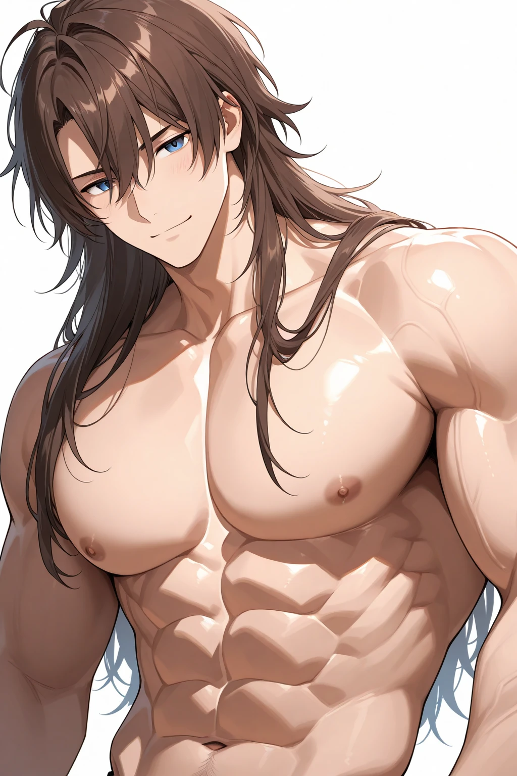high quality,flexing, (soro japanese teen boy:1.5), (detailed eyes), (black long hair), (muscle:1.5), naked, (dark wet skin), (detailed puffy nipples), black tiny thong, bulge, smirk, looking at viewer,