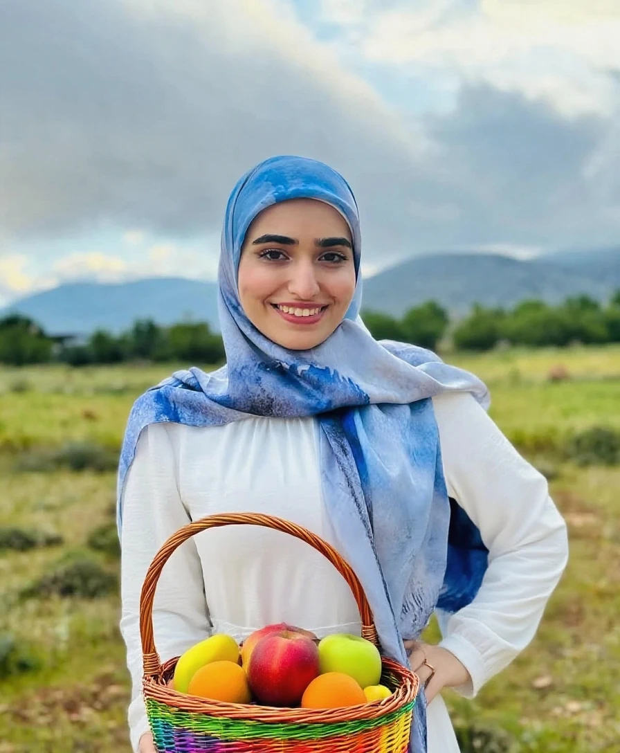 A 22-year-old girl wearing a hijab is celebrating Independence Day outdoors. She's standing on a lush, green grassy field with a joyful expression, perhaps waving a small flag or raising her arms in celebration. Behind her, the words "Independence Day" are written 3d in large stone letters, partially covered with grass, blending naturally with the environment. The scene is bright and festive, with clear skies and sunlight enhancing the celebratory atmosphere.