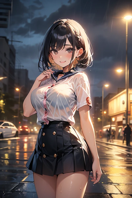 (Masterpiece, top quality, high resolution, realistic photo, realistic looking skin:1.1),
(Woman standing in the rain: 1.8),
(woman's collared shirt is wet from the rain and her bra is showing through: 1.8), 
(provocative, smirking expression: 1.5), 
(She is wearing a white collared shirt and a black mini-skirt:1.8),
(She is wearing a light blue bra and light blue panties:1.8),
(She is carrying a business bag:1.8),
(She has medium black hair:1.5),
(Location is downtown at night where there are many bars: 1.5),
1 Japanese girl, solo, full bodied esbian, beautiful eyes, glowing eyes, glowing thighs, NSFW