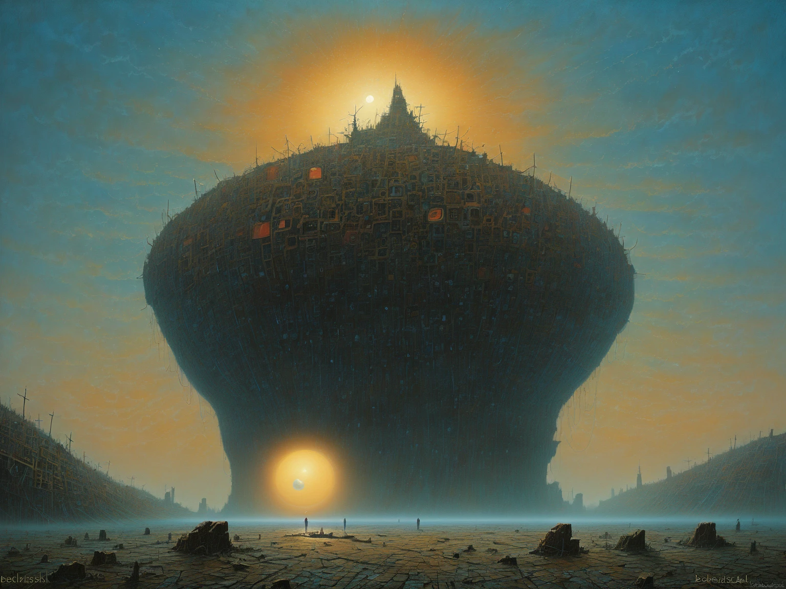 A terrifying and surreal composition showing the ice spheres of Finland, the starry sea of Maldives, Lenticular clouds over mountains, The ancient stones of South Africa, The huge spheres of New Zealand, The mysterious sound of Taos and the hanging dolls on the island of Mexico; all in a hyperrealistic and vibrant style.