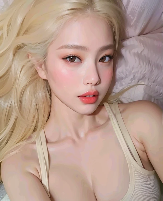 a close-up of a blonde woman lying in bed,  korean, ulzzang, role model | artgerm, Linda jovem korean, adorable and pale korean face, sakimichan, linda mulher sul-korean, anime girl in real life, maquiagem sul-korean popular, Jinyoung Shin, young lovely korean face, Linda jovem korean, big boobies