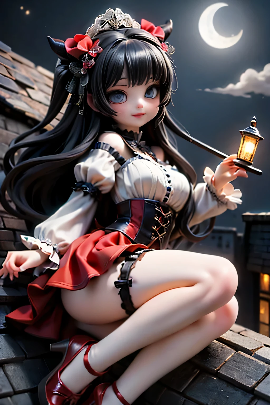 A cute horned demon girl smiling sitting on the edge of an old gothic castle rooftop at night, looking directly at the viewer. She wears a short, elegant ((red)) skirt, crop shirt, short puffy sleeves, ((white)) thigh-high stockings, and ankle-strap heels. Her long, flowing black hair is adorned with eye-catching ornate accessories and hairbows. The scene is illuminated by the soft glow of a moon partially veiled by wispy clouds, casting dramatic shadows. Dynamic pose, cinematic angle, detailed background, dark romantic atmosphere, fantasy realism with high detail and subtle gothic tones.