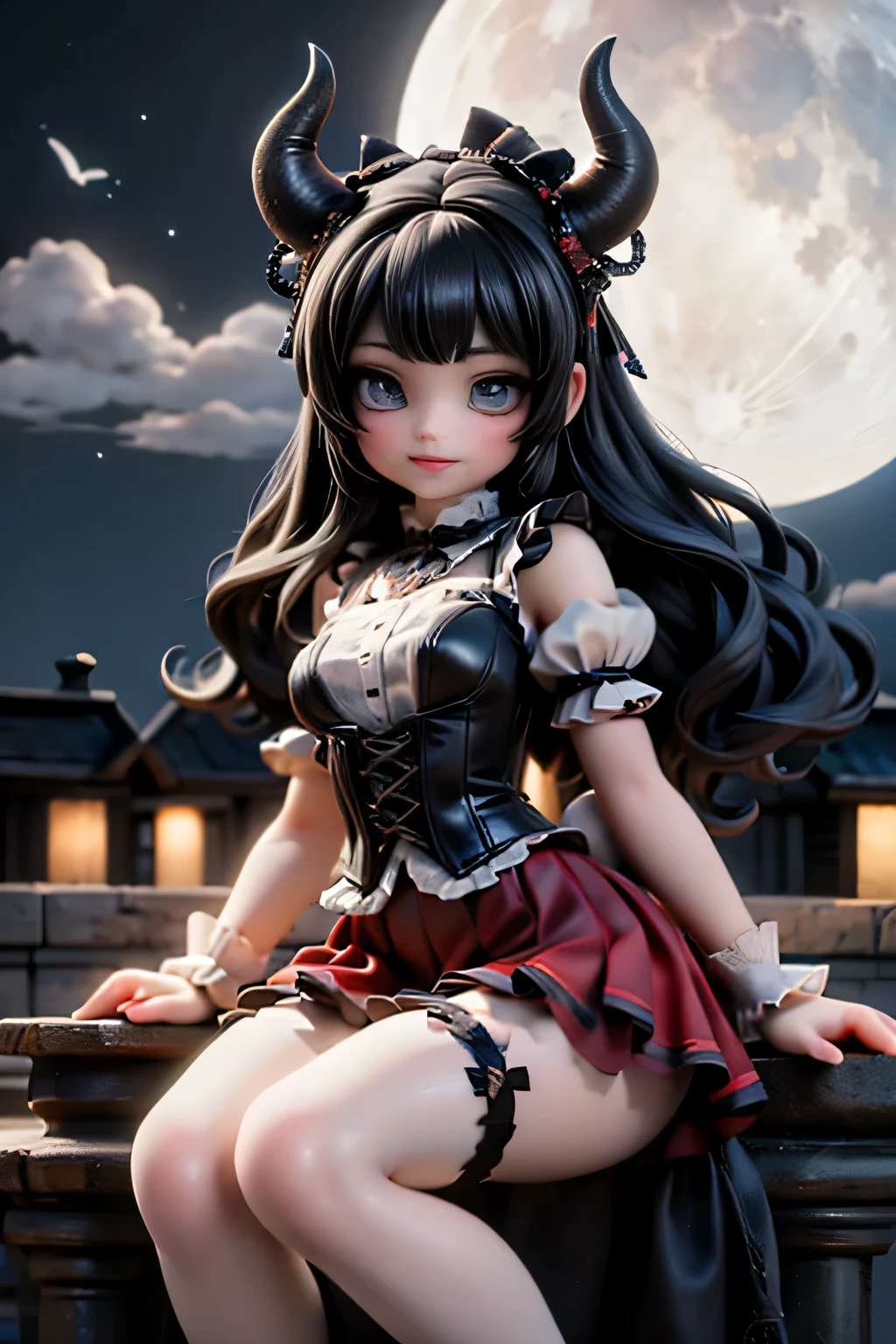 A cute horned demon girl smiling sitting on the edge of an old gothic castle rooftop at night, looking directly at the viewer. She wears a short, elegant ((red)) skirt, crop shirt, short puffy sleeves, ((white)) thigh-high stockings, and ankle-strap heels. Her long, flowing black hair is adorned with eye-catching ornate accessories and hairbows. The scene is illuminated by the soft glow of a moon partially veiled by wispy clouds, casting dramatic shadows. Dynamic pose, cinematic angle, detailed background, dark romantic atmosphere, fantasy realism with high detail and subtle gothic tones.