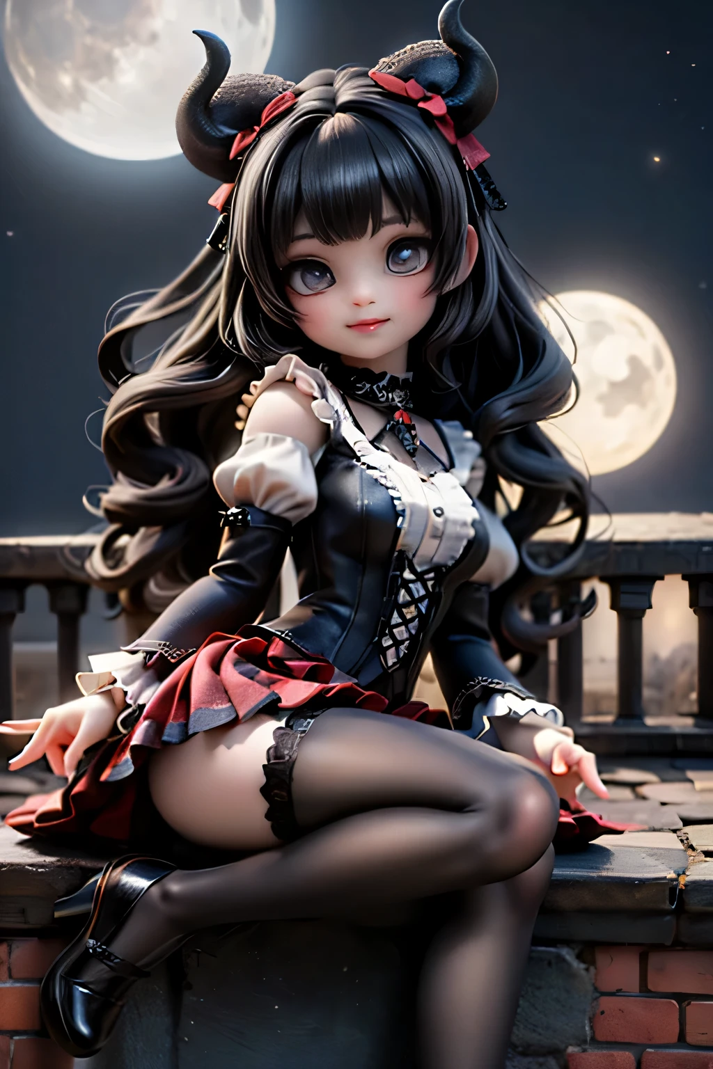 A cute horned demon girl smiling sitting on the edge of an old gothic castle rooftop at night, looking directly at the viewer. She wears a short, elegant ((red)) skirt, crop shirt, short puffy sleeves, ((white)) thigh-high stockings, and ankle-strap heels. Her long, flowing black hair is adorned with eye-catching ornate accessories and hairbows. The scene is illuminated by the soft glow of a moon partially veiled by wispy clouds, casting dramatic shadows. Dynamic pose, cinematic angle, detailed background, dark romantic atmosphere, fantasy realism with high detail and subtle gothic tones.
