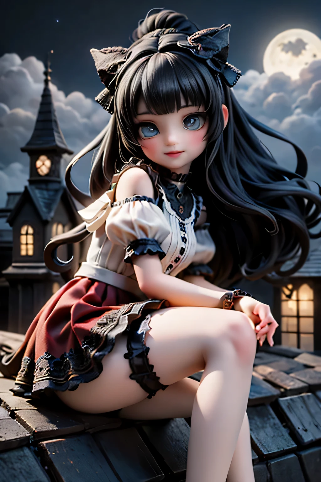 A cute horned demon girl smiling sitting on the edge of an old gothic castle rooftop at night, looking directly at the viewer. She wears a short, elegant ((red)) skirt, crop shirt, short puffy sleeves, ((white)) thigh-high stockings, and ankle-strap heels. Her long, flowing black hair is adorned with eye-catching ornate accessories and hairbows. The scene is illuminated by the soft glow of a moon partially veiled by wispy clouds, casting dramatic shadows. Dynamic pose, cinematic angle, detailed background, dark romantic atmosphere, fantasy realism with high detail and subtle gothic tones.