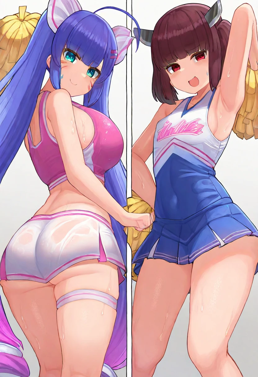 ((sexy 2girl ,gyaru))nsfw,glamorous, flushed face,blush,blushing, ashamed, bashful, flushed face, stand, school swimsuit, looking at viewer,stand,pool side, condom belt, excessive cum