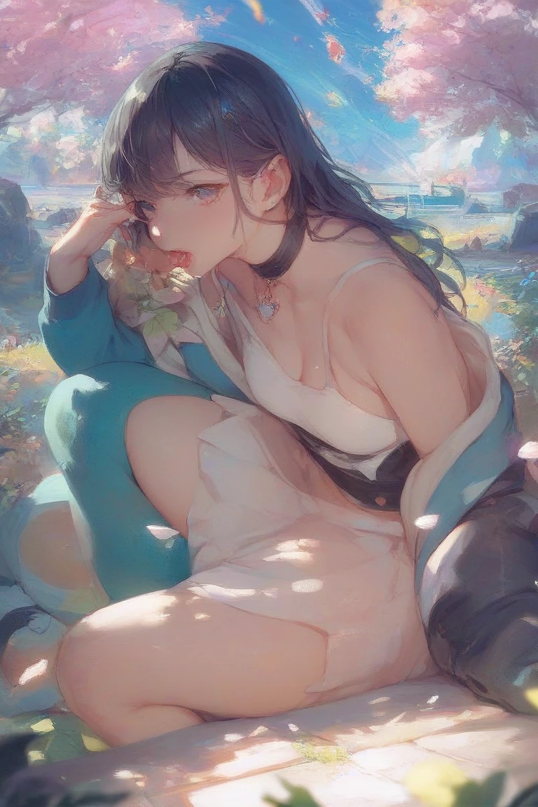 masterpiece、highest quality、2 girls((2girls))、、、slim、Flat Chest、(Exposing her perfect naked body:1.2)、Sitting by a forest lake、picnic、lunch、smile、summer、warm、Soft Light、bright、post impressionism、Watercolor、((spread your legs:1.2))、((Piss flying high from pussy:1.2))、((peeing:1.3))