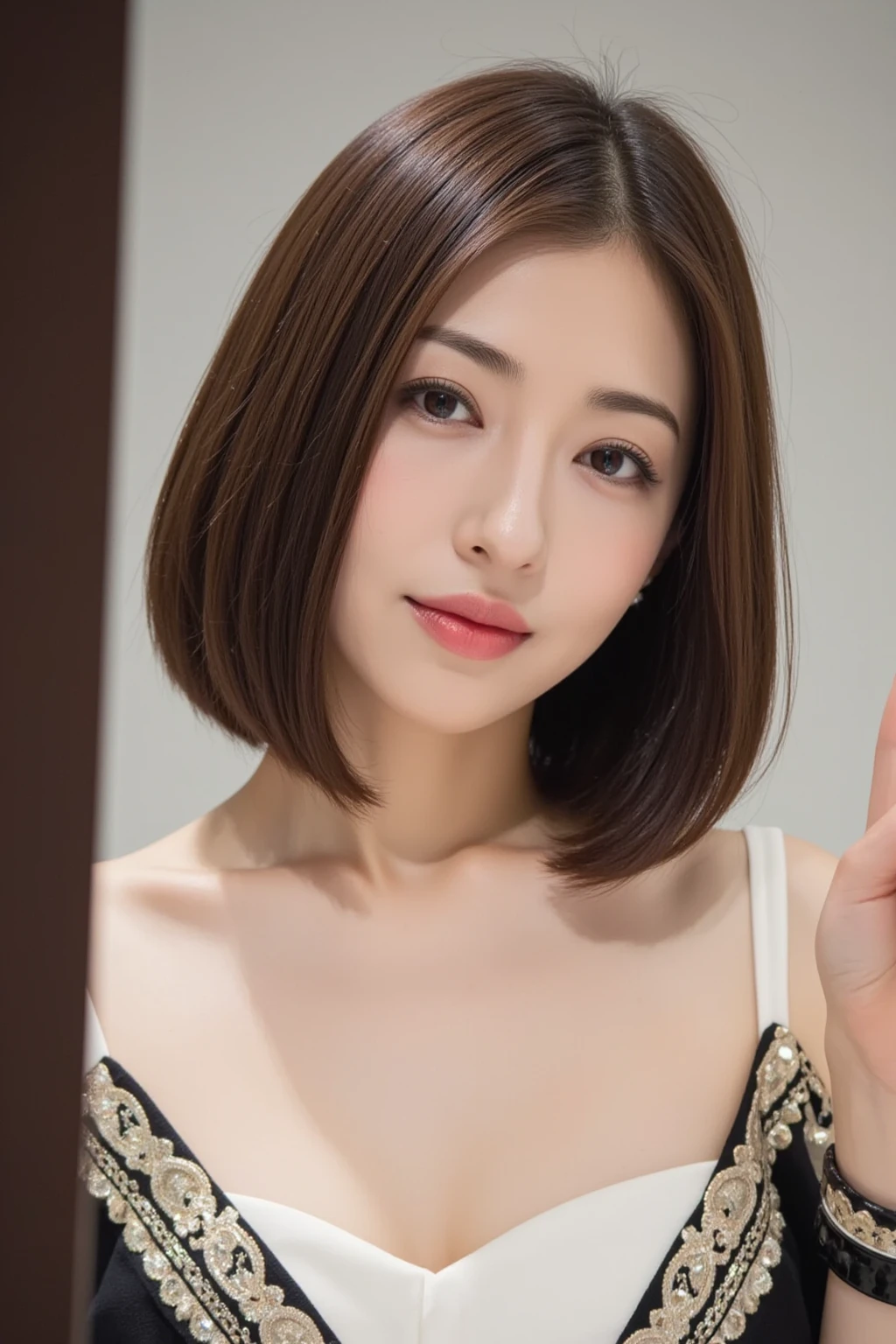 (8k, RAW Photos, highest quality, masterpiece, Realistic, Realistic), (1 female), (The ultimate beautiful Japanese MILF), Highly detailed face, (Perfect Teeth), Beautiful Eyes, double eyelid, eyelash, ((smile)), Lip details, (Neat brunette bob), The light shines on your face, Big Breasts, ((lingerie)), (Upper Body), ((background: none))