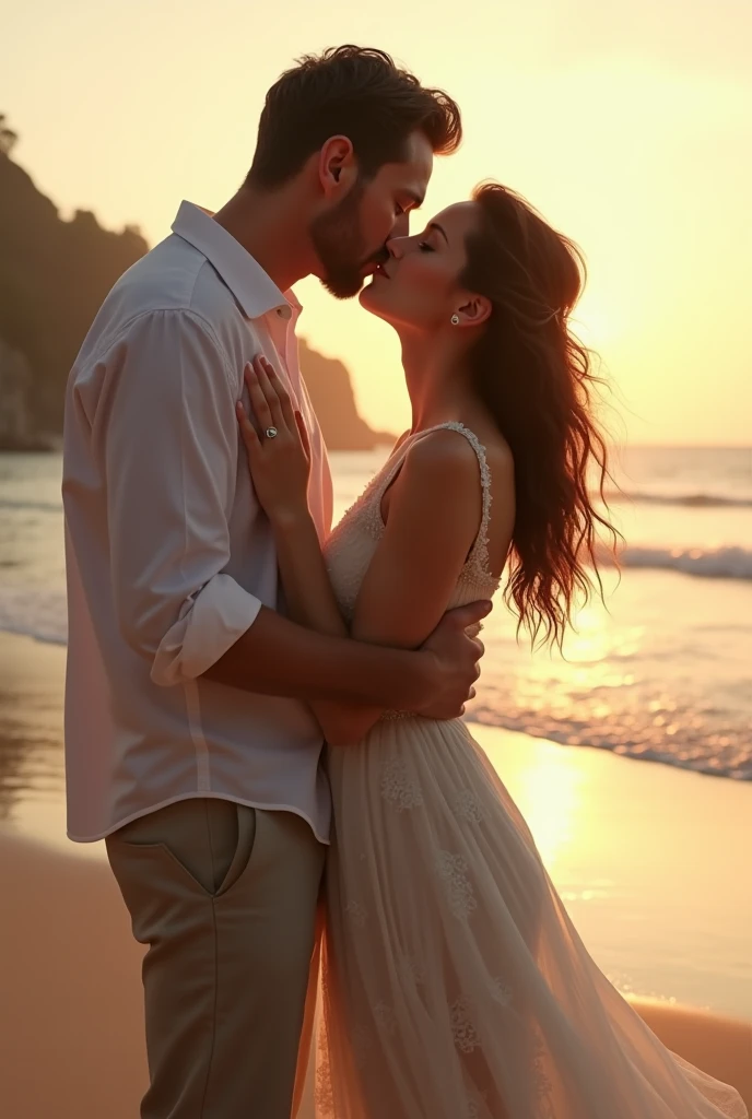 her bf and she are kissing on the beach, she has short hair, tan skin, beautiful face, 15 years old girl. her bf has handsome face, look hot, white skin