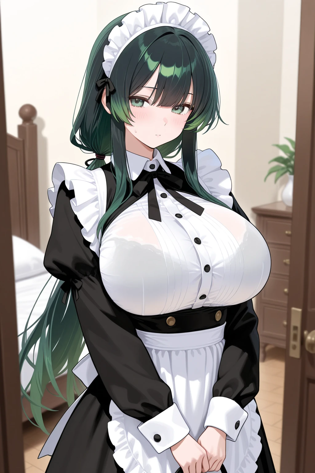 (girl),(anime),(young),(beautiful),(16 years old),(height 1.68cm),(white skin color),(green eyes and long green hair),(wearing), +,(a classic black and white maid uniform),((with a big ass),(and gigantic breasts),(Perfect image),(beautiful character),(high resolution image),(high quality image