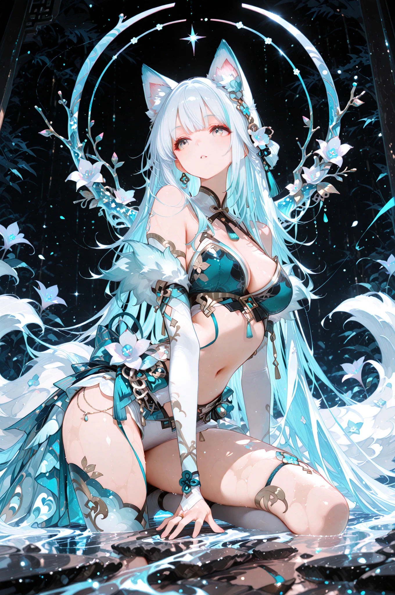 (High resolution:1.2,Very detailed,Realistic) In a magical cyberspace、A girl in a white leotard and miniskirt is standing upright. She exudes a captivating aura, With her graceful demeanor and captivating gaze. Her white leotard fits perfectly, Accentuating her slender yet powerful physique. The miniskirt adds a playful touch to her outfit., Elegance and youth々Create a harmonious balance of beauty. Her Face, Surrounded by flowing, silky hair, She has beautiful eyes that sparkle like the stars in the night sky.. Her strikingly bright eyes reflect her inner strength and determination., Her long eyelashes flutter delicately. Her slender nose and flawless skin accentuate her mysterious beauty.. beautiful lip detail, Slightly pinkish, Exudes innocence and charm. The magical cyber world that surrounds her、A fascinating mix of futuristic architecture and whimsical elements.。. Vibrant blue and purple neon lights illuminate the scene, cast a soft light around you. The air is filled with mystery and awe., As if anything is possible in this enchanting world. In the distance, Towering skyscrapers stretch out towards the starry sky, The smooth surface reflects the vibrant colors of its surroundings. The cityscape is decorated with holographic projections of fantastical creatures and dazzling patterns., Add a layer of enchantment to your scene. The girl raised her hand, Sparkling magical energy flows from her fingertips., Intertwined with the digital threads of the cyber world. These energy strands form intricate patterns and shapes, It represents her inner strength and connection to the digital world.. The colors of the entire work are predominantly cool colors.。, The blue and purple hues create an otherworldly beauty. The lighting of the scene is carefully crafted., soft, Diffused light casts a gentle shadow、Highlighting the girl's features.