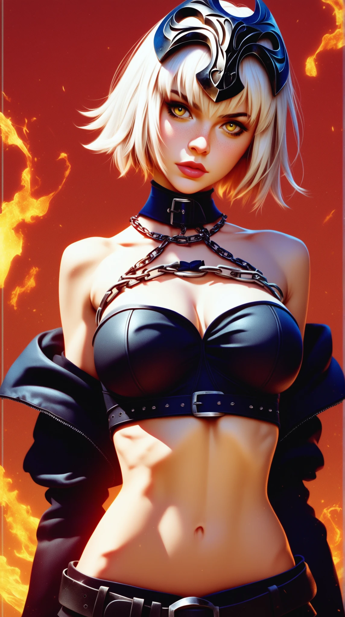 a 20 yo woman、a blond、bustup、toppless、The tattoo、grabbing breasts herself、gargantilha、chains、srestrained、teats、(hi-top fade:1.3)、A slender、Open your crotch、dark themed、Muted Tones、Subdued Color、highly contrast、Perspective、(natural skin textures、Hyper-Realism、Soft light、sharp)