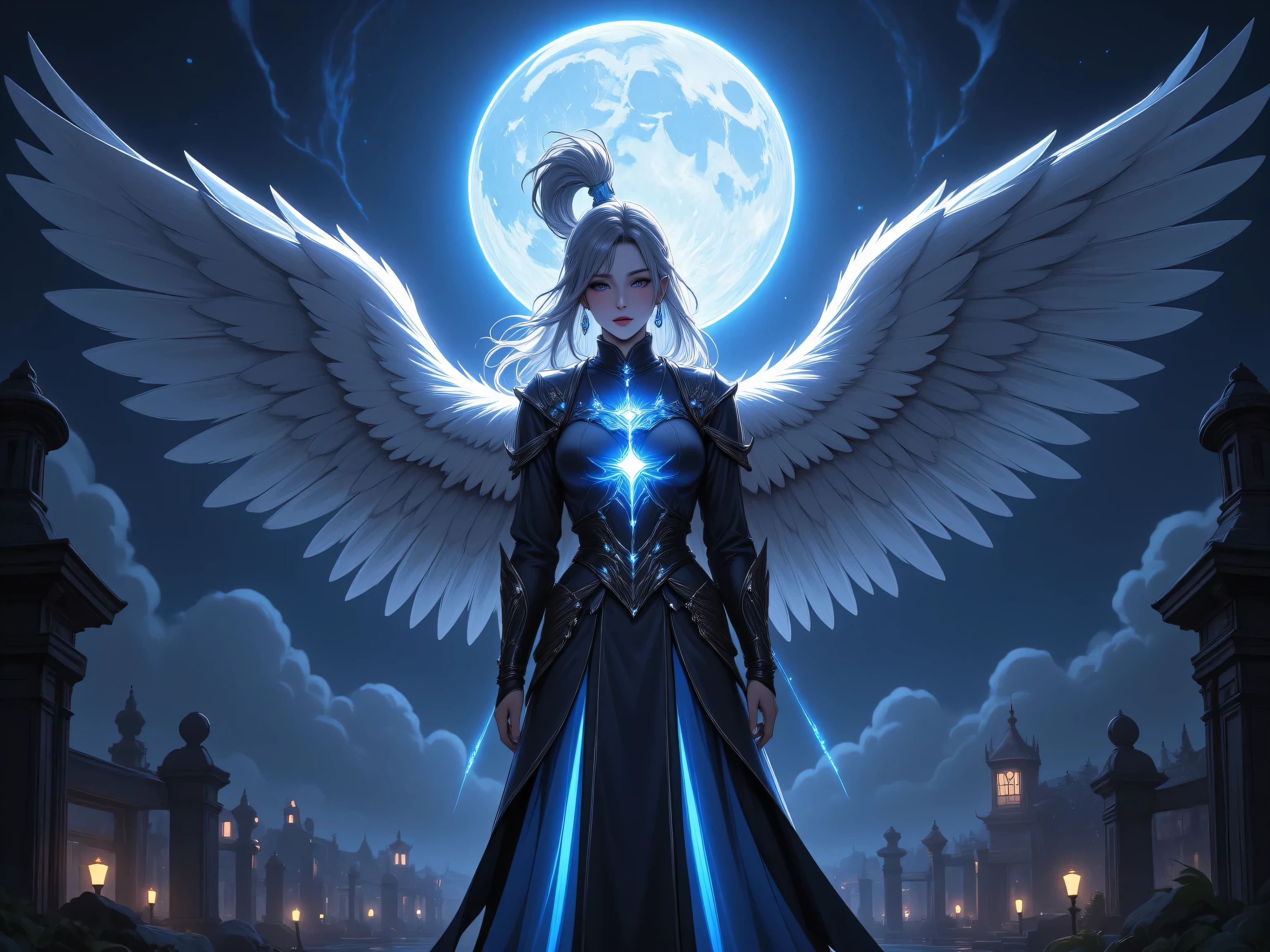 zavy-ctcmcs,hyp3rd3tail style,,fantasy art of aasimar, female, paladin ready for battle under the full moon, holy warrior, spread large feathered wings,  majestic wings, white angelic wings spread , moon light, moon, stars, clouds, holy symbol, armed with a divine sword, wearing holy armor, dynamic hair color, dynamic hair style, dynamic skin complexion, determined face, dark fantasy cemetery background,  god rays, cinematic lighting, glowing light, silhouette, from outside, photorealism, panoramic view (Masterpiece 1.3, intense details) , Wide-Angle, Ultra-Wide Angle, 16k, highres, best quality, high details, 16K, ultra detailed, masterpiece, best quality, (extremely detailed), arafed, dnd art, portrait, full body,

INFO
