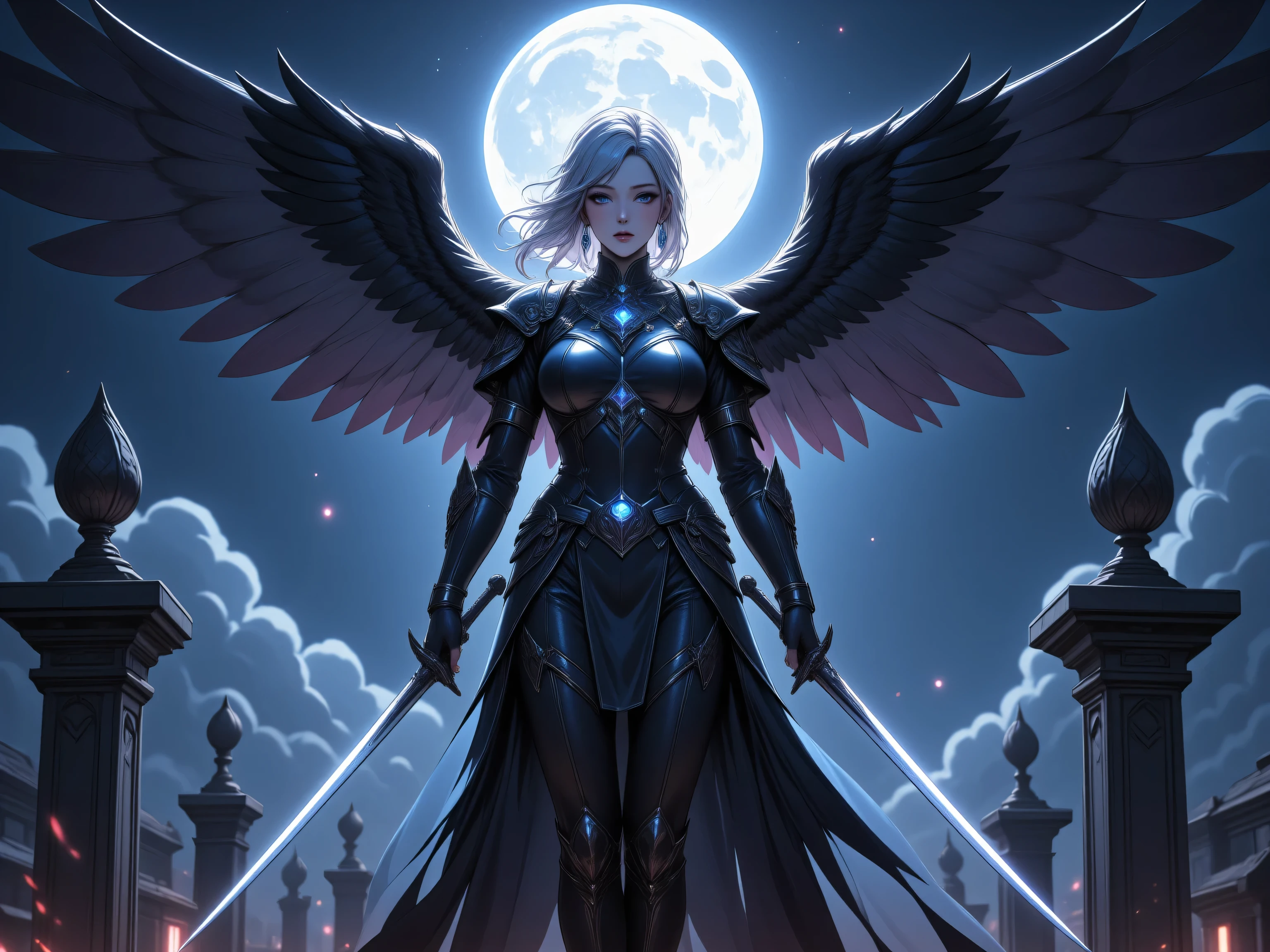 zavy-ctcmcs,hyp3rd3tail style,,fantasy art of aasimar, female, paladin ready for battle under the full moon, holy warrior, spread large feathered wings,  majestic wings, white angelic wings spread , moon light, moon, stars, clouds, holy symbol, armed with a divine sword, wearing holy armor, dynamic hair color, dynamic hair style, dynamic skin complexion, determined face, dark fantasy cemetery background,  god rays, cinematic lighting, glowing light, silhouette, from outside, photorealism, panoramic view (Masterpiece 1.3, intense details) , Wide-Angle, Ultra-Wide Angle, 16k, highres, best quality, high details, 16K, ultra detailed, masterpiece, best quality, (extremely detailed), arafed, dnd art, portrait, full body,

INFO
