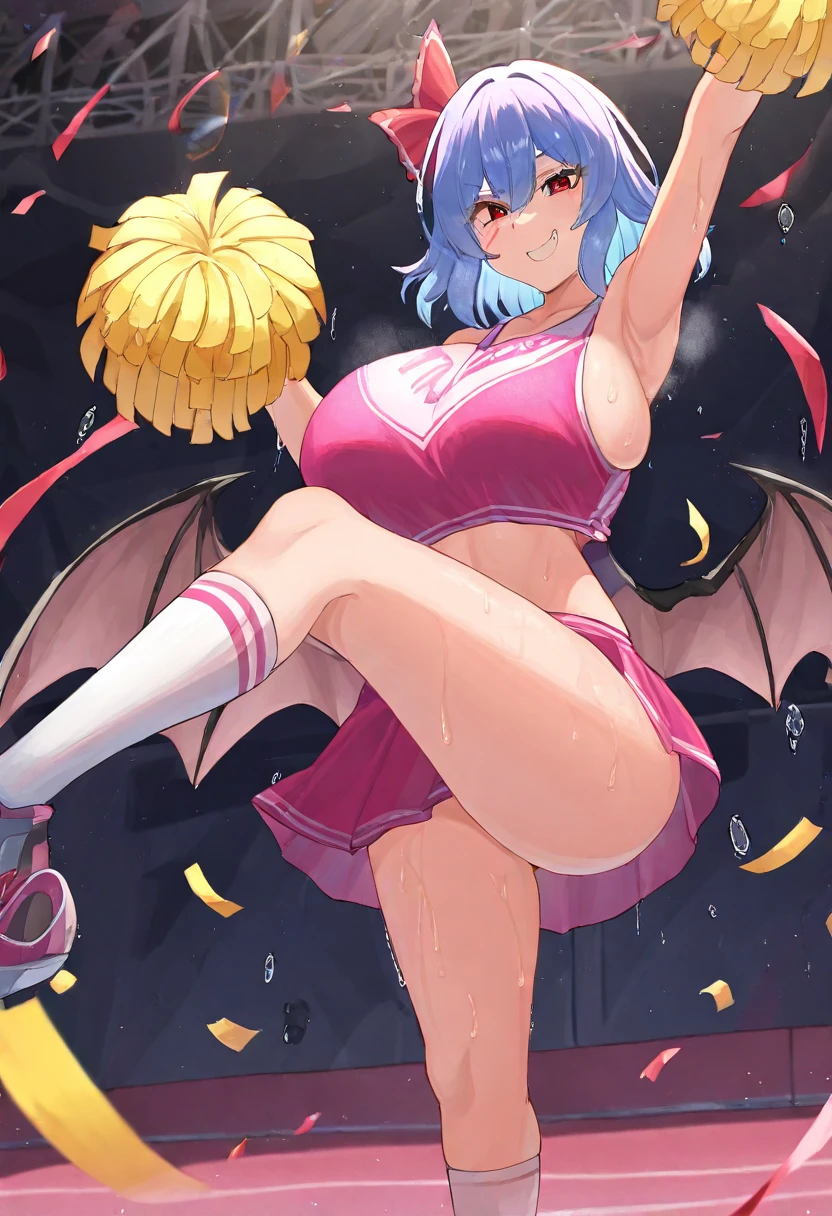 dragon, purple hair, (Beige dragon horns), Cyan eyes, scale, paws with claws, Orange spread wings, orange ponytail with purple hair at the tip, anthro, Average Breasts, Hairstyle high, dragon head, naked body, stadium, Upskirt, topic, Cheerleading, Support group, joying, A big smile