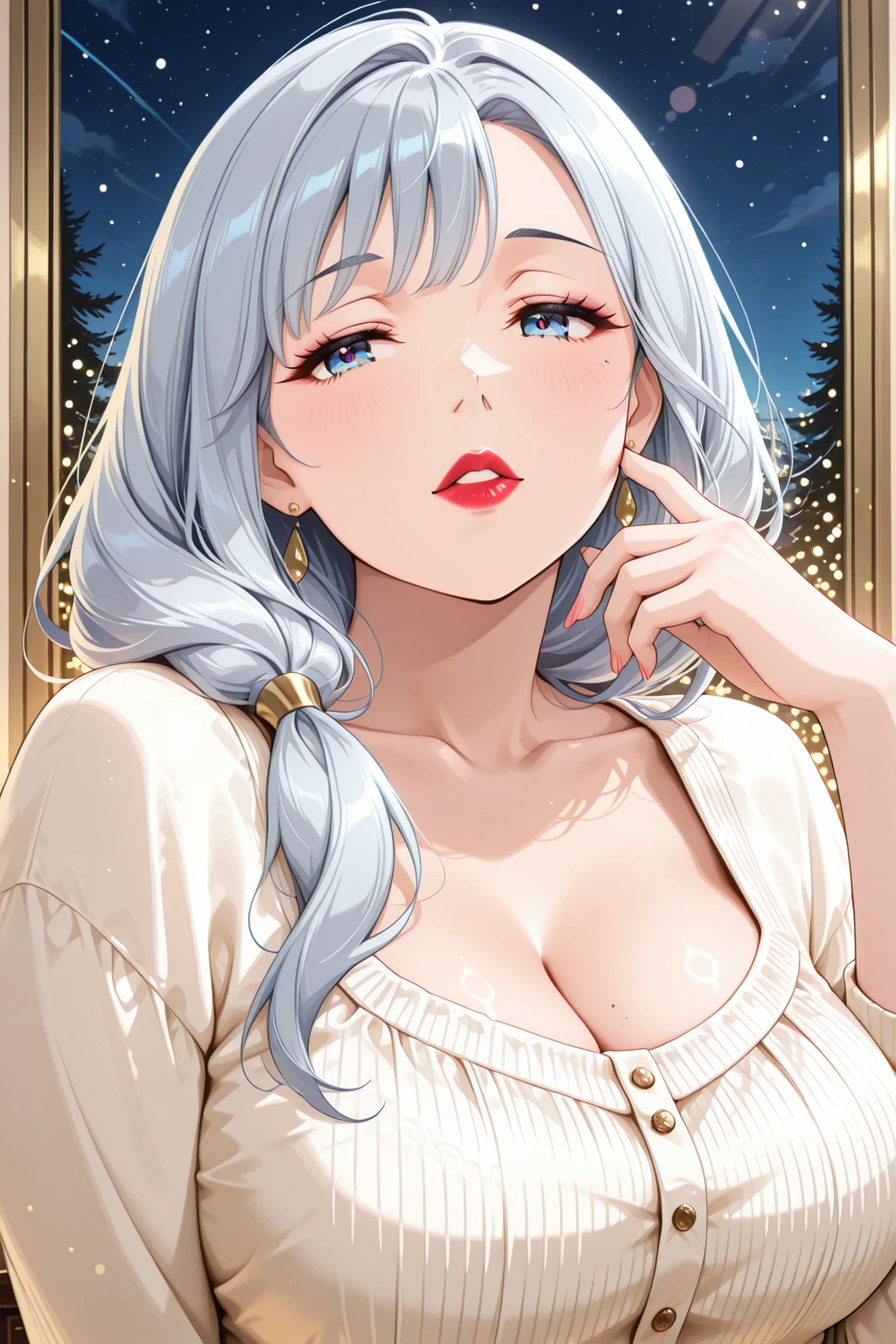 score_9, score_8_up, score_7_up, score_6_up, score_5_up, score_4_up, yu hee, blue eyes, white hair, long hair, large breasts, strapless sequin red short dress, bare shoulders, necklace,drop dangle earrings,long earrings,red lipstick , detailed eyes 