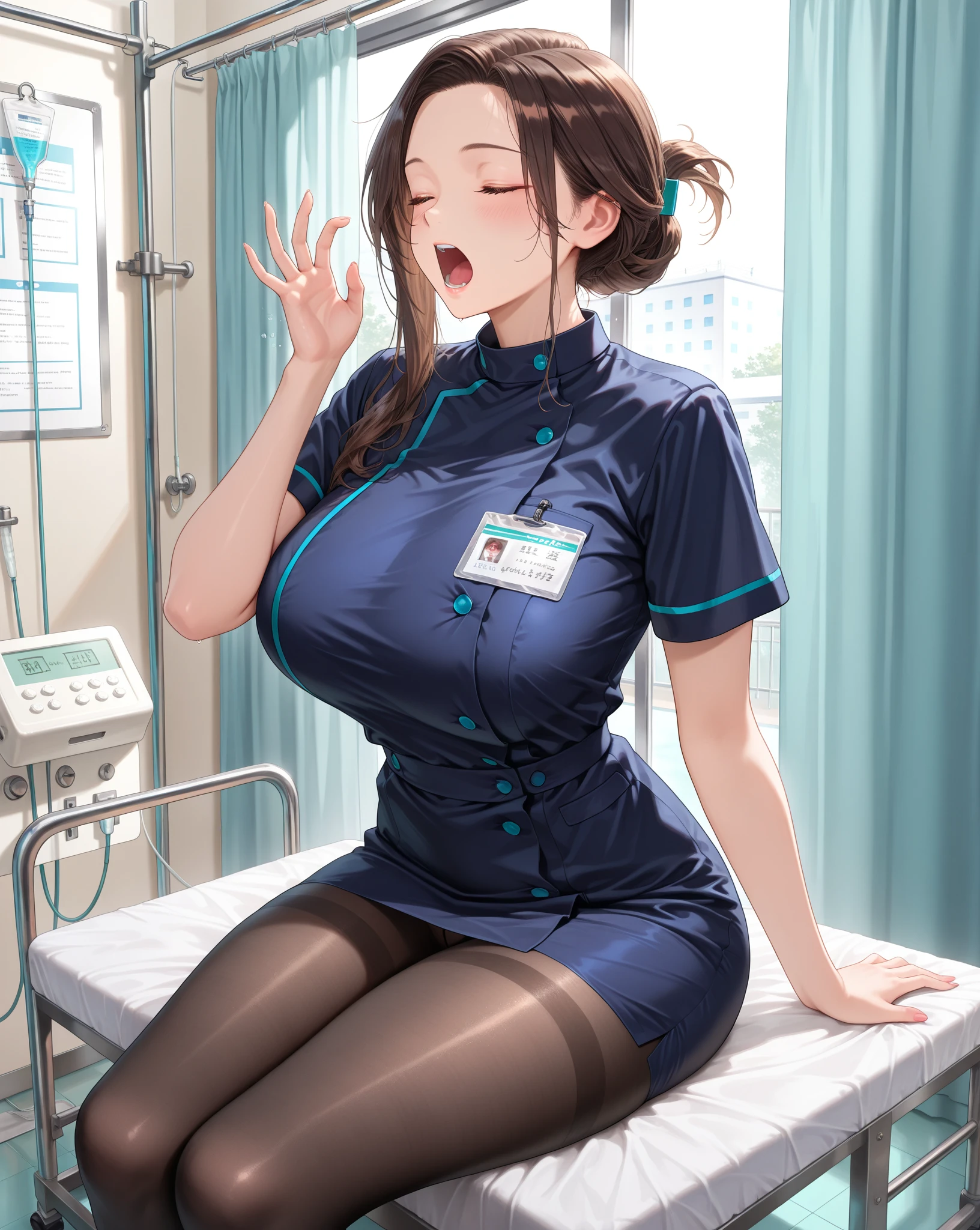 1woman, solo, nurse, nurse cap, white wear, ((white legwear, zettai ryouiki)), white gloves, forehead, long hair, green hair, pink eyes, ((white surgical mask, covered nose)), standing, ((hospital room)), sharp outline, short sleeves, mature female, 20 years old, best quality, masterpiece