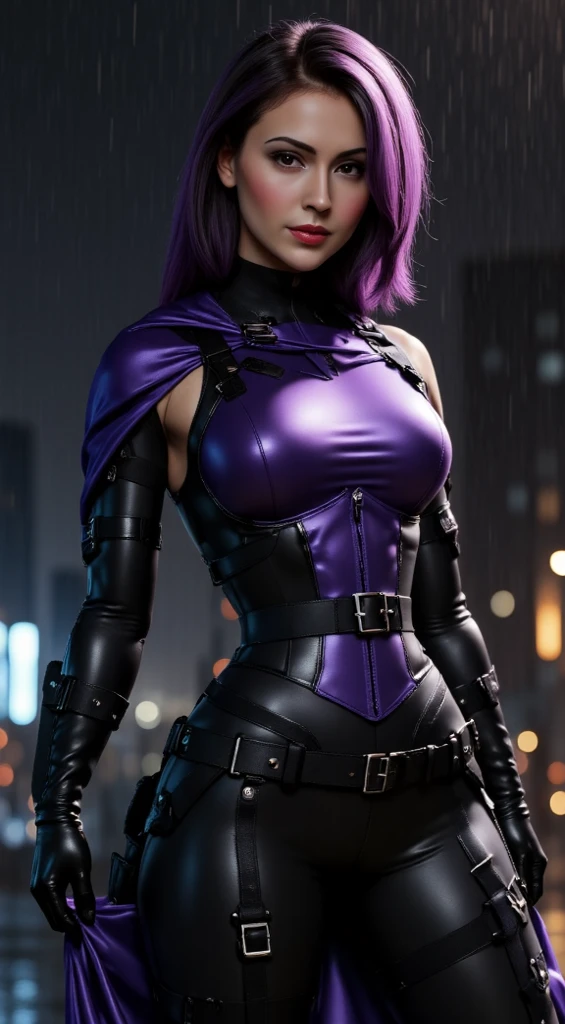 Female in purple leather cyborg in purple eyes  and 3d printer 