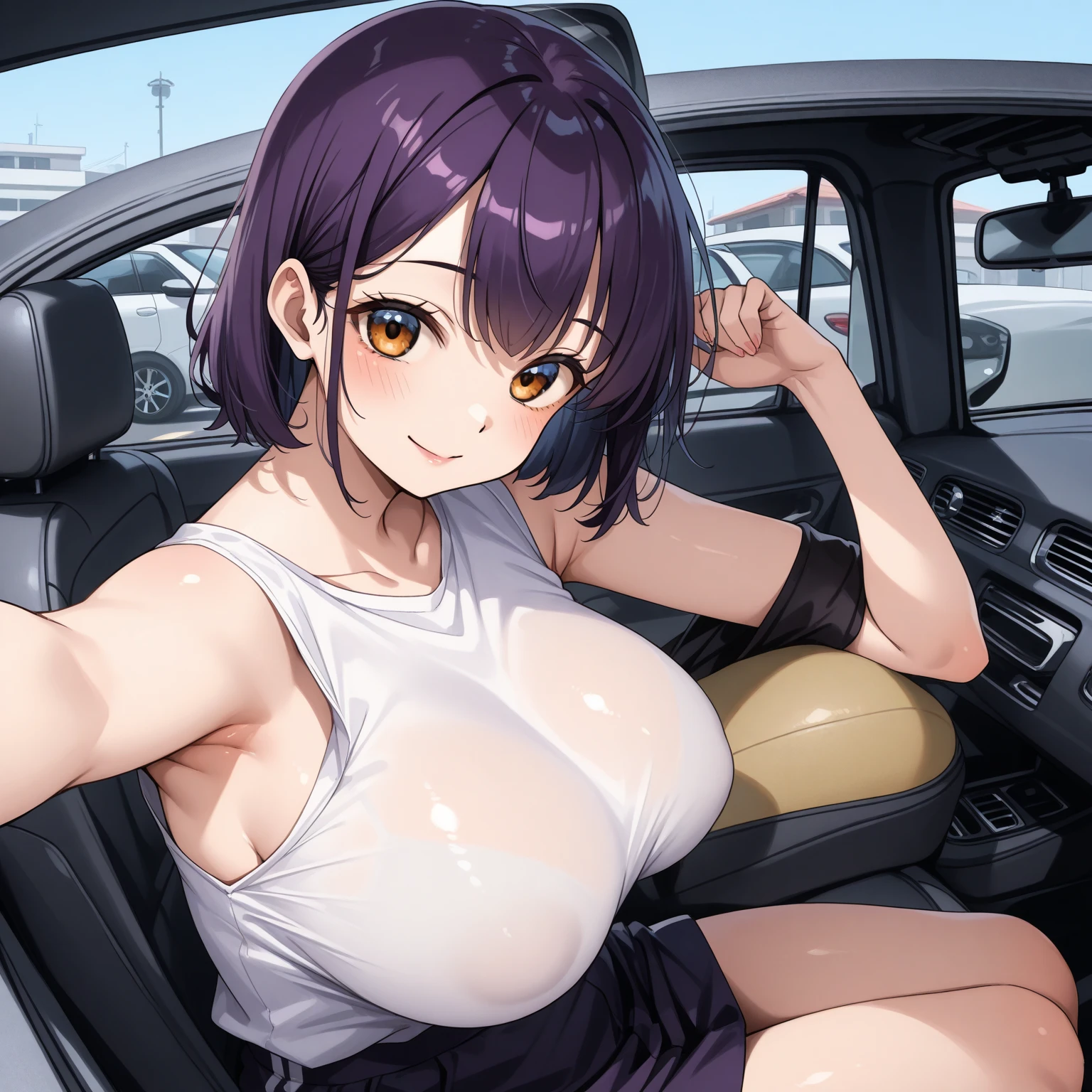 Asahina Nono,brown hair, short hair,purple eyes,  1girl, solo, large breasts., crying , nipple,　Expressway, Riding a bike, nude