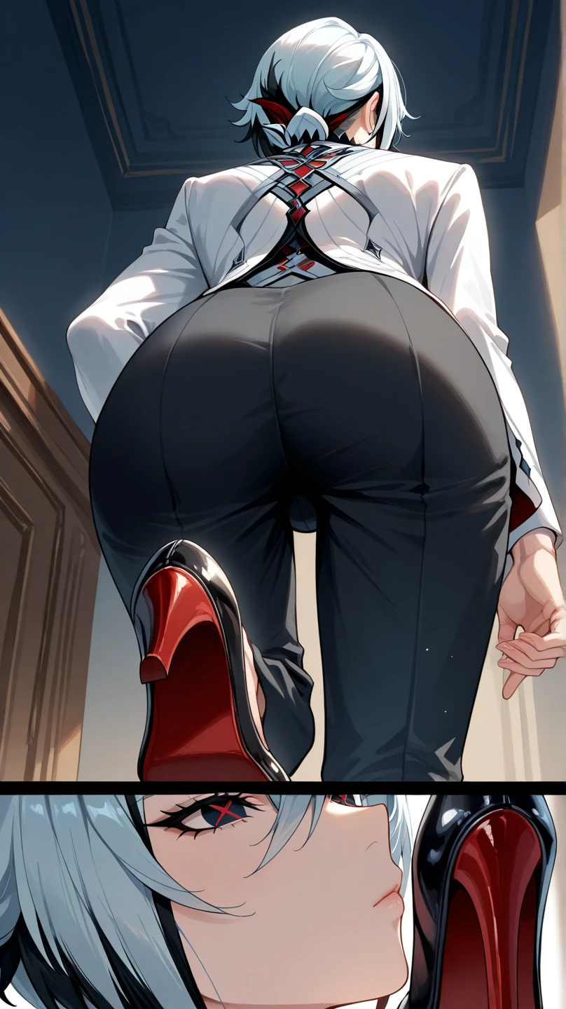 from behind, from above, ass focus, close-up, 1girl, yellow tight jacket girl, red panties, short hair, strawberry color hair, high ponytail, white beret, annoyed, nose blush,1boy, (ass grab:1.2), (man's hand on ass:1.5), man standing behind woman, (faceless male), white simple background