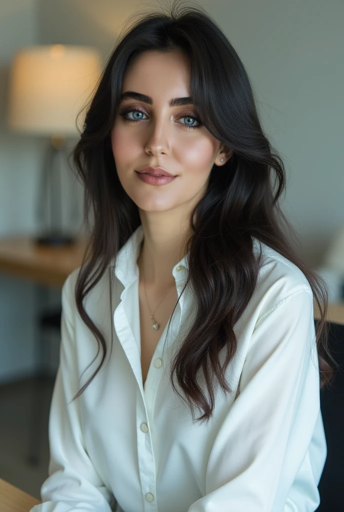 portrait of nyv13st3ph4n woman, posing on a office, glass window, serene and warm, natural lighting, soft focus, high-resolution, elegant and introspective atmosphere, quiet sophistication, wearing a white shirt all buttons closed, slight smile, makeup

