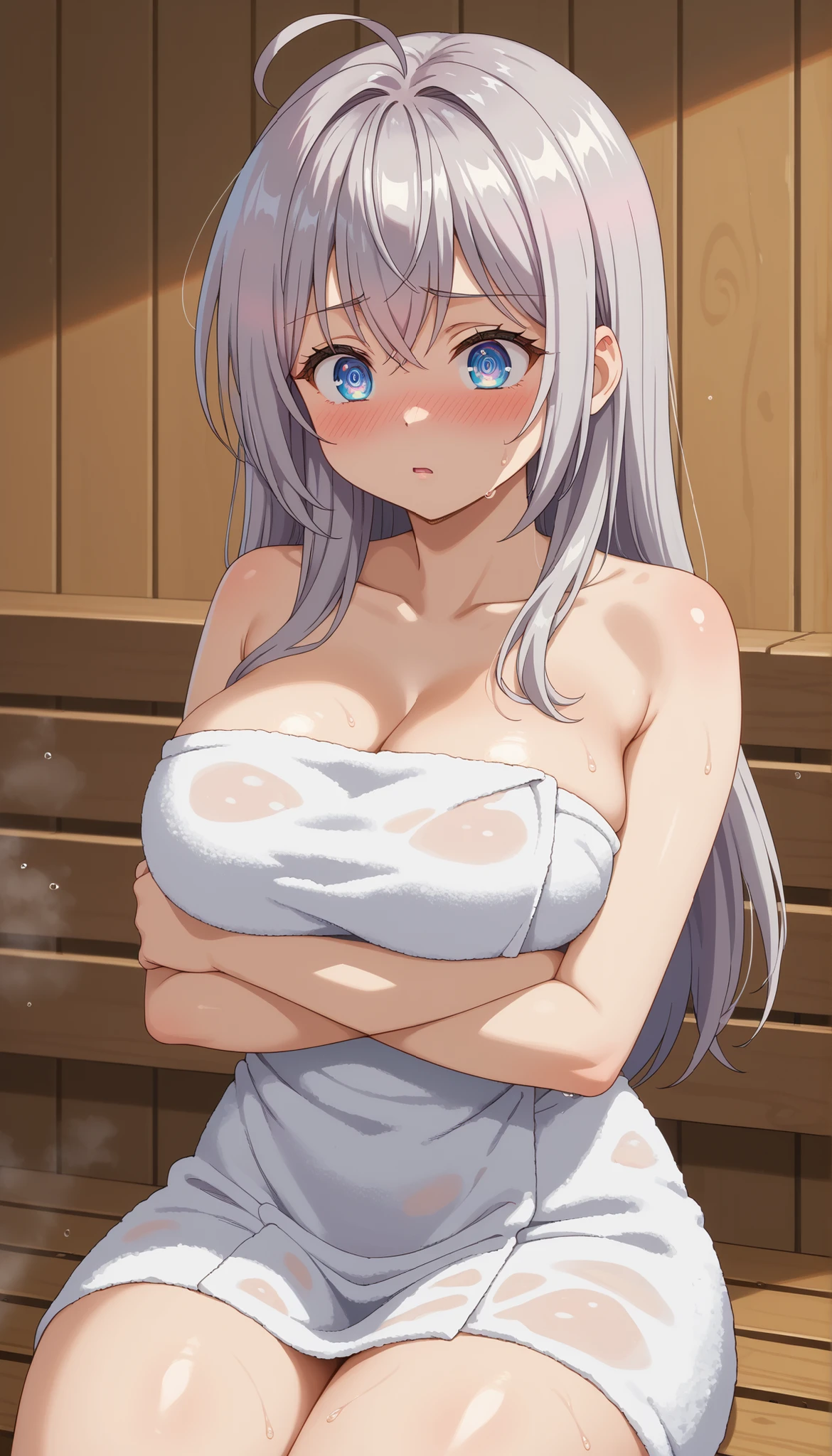 best quality, 1girl , sauna, towel, large breasts, leaning on object, (table:1.1), (breast press:1.3), smirk