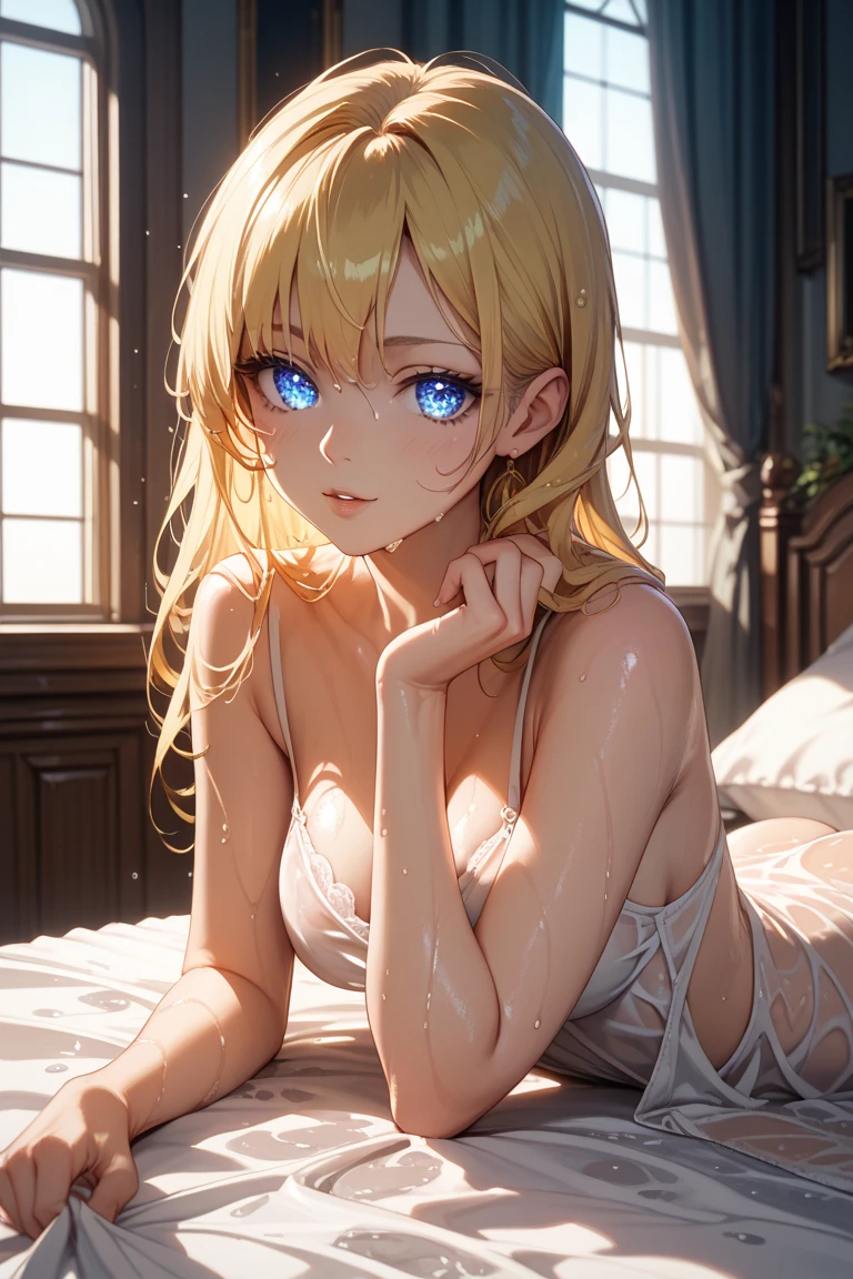 The image is a digital artwork of a woman with blonde hair lying on a bed. She has a large chest and is wearing a bra. Super resolution, Megapixel, ProPhoto RGB, VR, Bullish, epic, half back lighting, backlights, natural lighting, incandescent light, fiber optics, lighting mood lighting, cinema lighting, studio lighting, soft lighting, volumetric, sharp contrast, dark lighting, accent lighting, global illumination projection, screen space global illumination, ray tracing global illumination, red fringe light, 45% cool color gradation, optics, scattering, glare, shadows, hyperrealism, caustic water, refractive water, anatomically correct, super detail, high quality, 4K