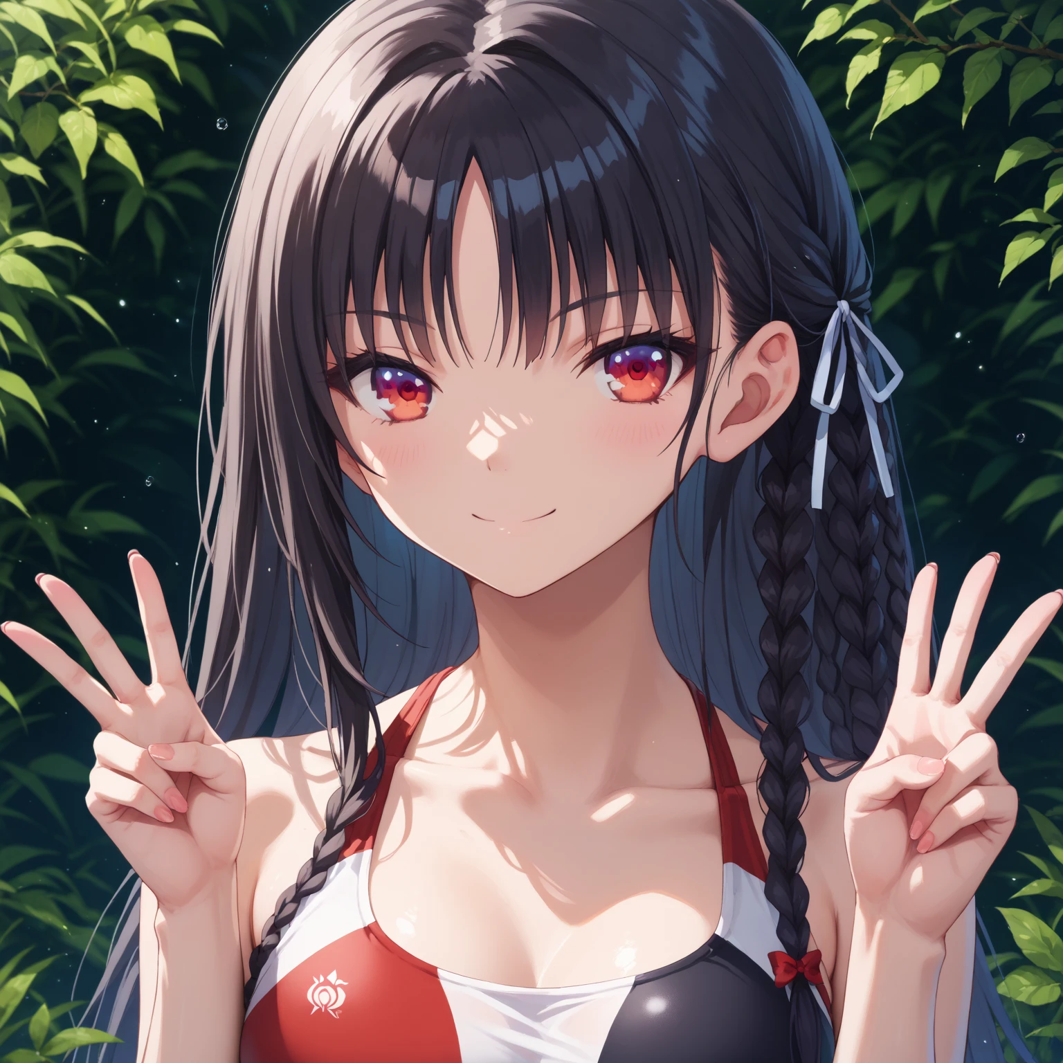 masterpiece, best quality, ultra-high-detailed, Harumaki, red eyes, brown hair, low twintails, red scrunchie, mole under eye, blunt bangs, hairclip, bikini, beach, closed mouth, solo, upper body, night sky, beach, arms behind head, contrapposto, spread armpits, looking at viewer, best quality, smile,