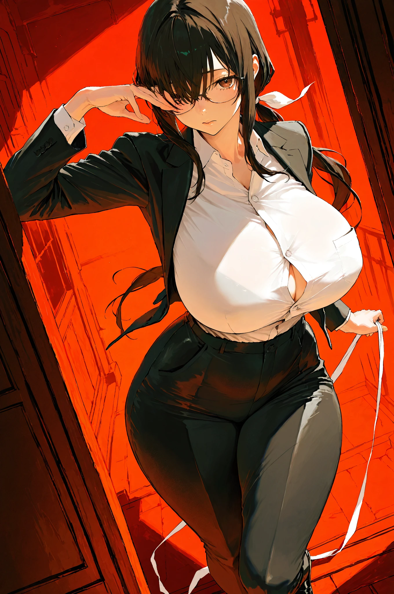 (masterpiece, best quality), 1girl, gigantic_breasts, white shirt, red background