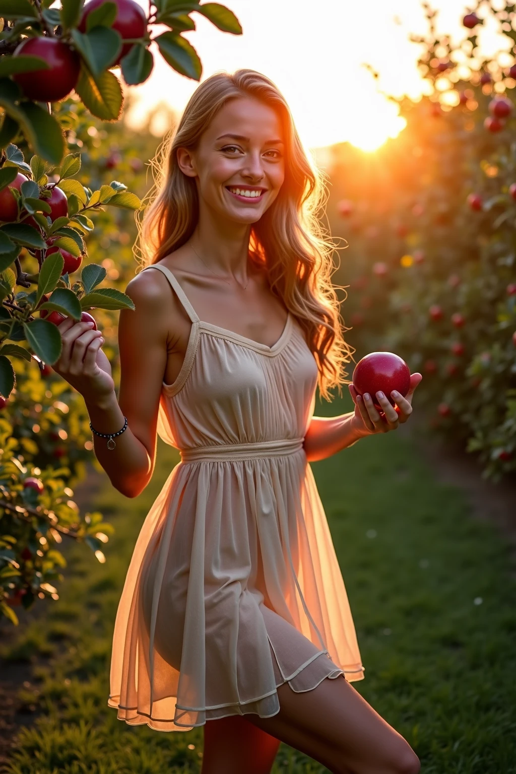 A beautiful european girl, Eve, wearing white organza dress, transparent dress, white transparent stockings, crystal scandalls, full body, from above, an overhead shot, red apples, near an apple tree. She is 24 years old, has light brown hair, long fair hair, curly hair and light blue eyes. Her cloth is stylish and her overall appearance is stunning. The girl's face is extremely detailed with beautifully detailed lips. Her skin is anatomically correct with realistic textures. The image should have super high details and be of the best quality, with a resolution of 8K. The final result should be a masterpiece, showcasing the girl's beauty and the vibrant atmosphere of the garden and apple trees