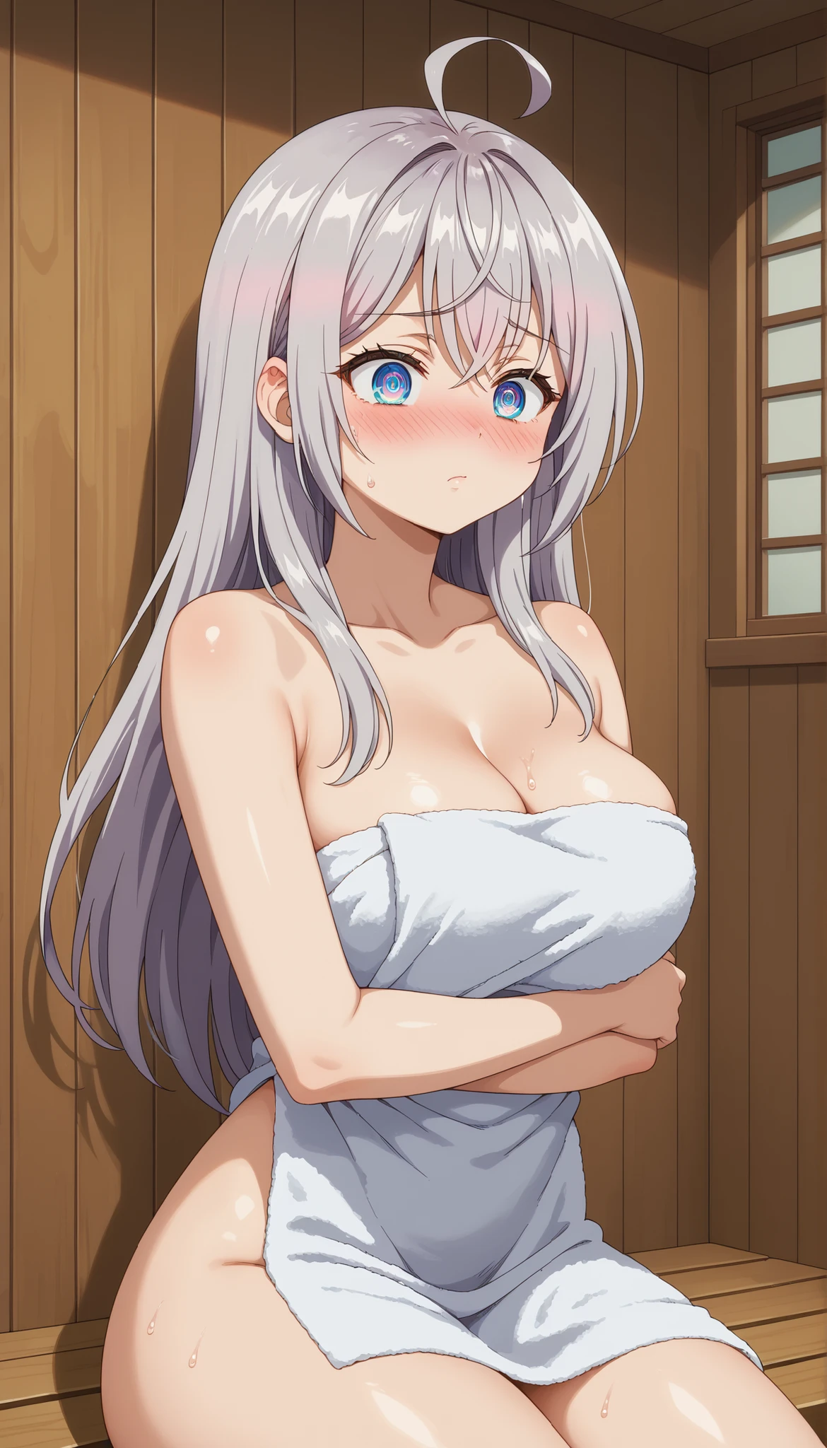 score_9, score_8_up, score_7_up, anime screencap, source_anime, latest, masterpiece, absurd, very aesthetic, amazing quality, high resolution, ultra detailed, best quality, incredible quality, young girl, detailed face, extremely detailed eyes, 1girl, BREAK alisamikhailovnakujou, <lora:alisa-mikhailovna-kujou-alpha-ponyxl-lora-nochekaiser:1>, alisamikhailovnakujou, 1girl, long hair, gray hair, ahoge, crossed bangs, blue eyes, milky white complexion, pale skin, thick thighs, , (curvy), ((wide hips)), (((thick thighs))), ((beautiful skin, beautiful eyes, beauty, extraordinarily beautiful woman, attractive woman, super sexy woman, cute and lustful body, sexy woman with seductive and obscene body, sensual body, voluptuous body)), (full face blush: 1.2), (body blush: 1.2), blush, blushing, blush, serious, arms crossed, blushing, serious, open mouth, ??, confused, perplexed, confused, ..., ..., squinting eyes, closed mouth, sideways glance, fetal position, head down, man, black hair, clutching chest, night, single focus, indoors, shirt lifting, looking down, blushing, :o perfect round breasts, detailed eyes, detailed face, masterpiece, absurd, amazing quality, aesthetics, new, indoors,
indoor sauna, steam, wood, sweat, glowing skin,
naked towel, white towel, cleavage, CENSORED, (Beautiful big breasts: 1.2), natural breasts,