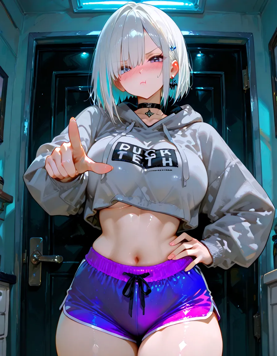 ((Best Quality)), ((Masterpiece)), (detailed), 1 girl, anime, sexy, dressed in black with purple, let your shirt say "tow", showing a little bare chest, with white hair