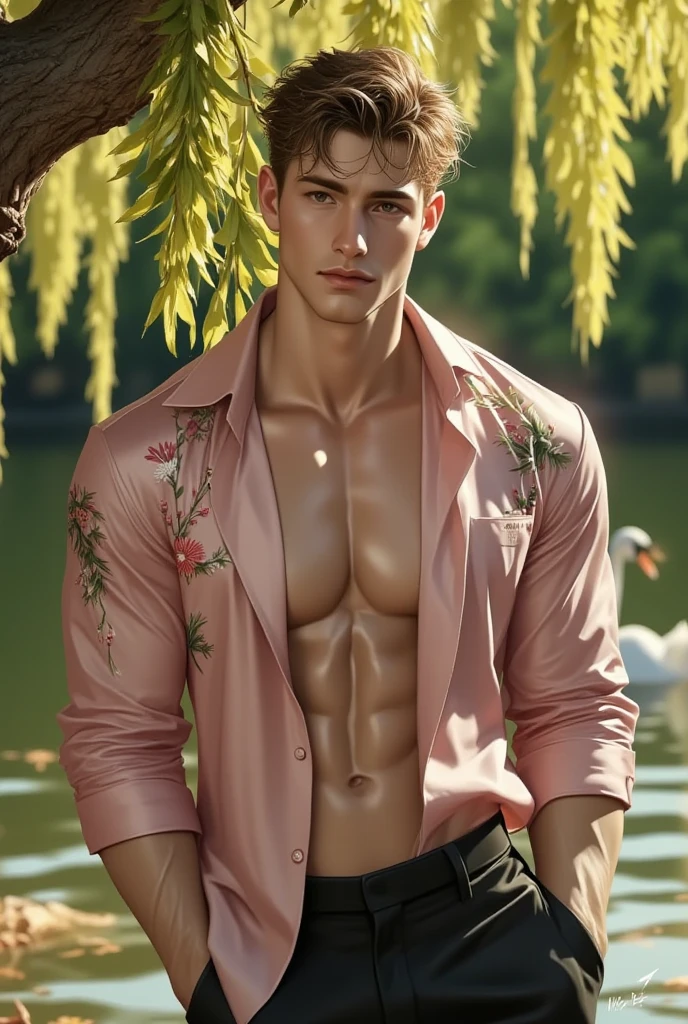 (absurdres, highres, ultra detailed), 1 male, solo, beautiful, handsome, extremely detailed facial features, tall muscular guy, smooth skin, sexy gaze, mature, verious red and pink roses around him, the man is standing comfortably in the roses, from directly above, gorgeous, wet, model pose, colorful, artistic, depth of field, focus on his calm facial features, elegant look, looking at the viewers romantically, shirtless, bare body, wearing winter coat and a brief,