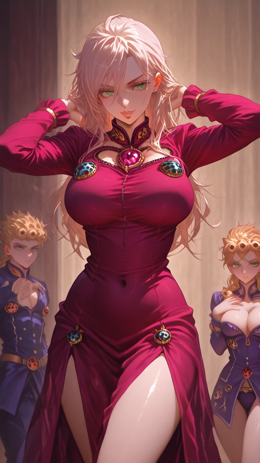 light particles, soft lighting, Volumetric lighting, intricate details, Finely detailed, 1fille, seulement, cheveux blond, cheveux longs, queue de cheval haute, les yeux rouges, long cils, thick eyelashes, regarder le spectateur, Robe rouge, ornate robe, arc rouge, fond noir, fond simple, corps entier, romantique, seductress, well detailed breast, amoureuse