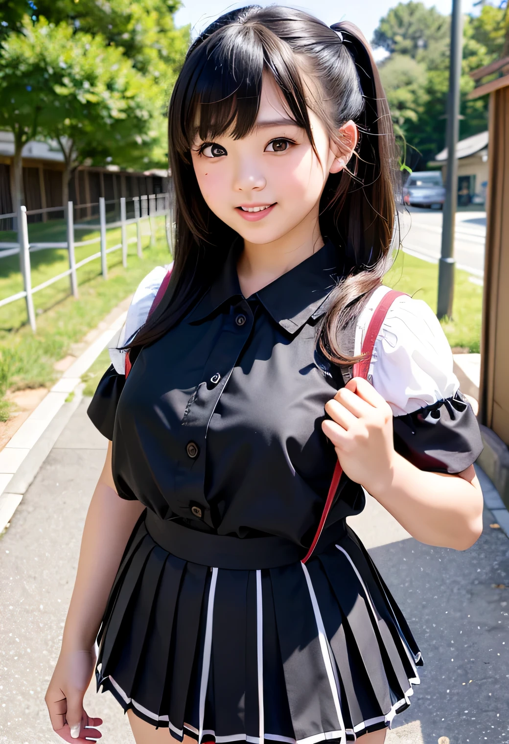 (Highest quality,masterpiece:1.3,Ultra-high resolution),(Very detailed、Caustics) (Realistic:1.4, RAW shooting、)Ultra-Realistic Capture、Very detailed、Natural skin texture、masterpiece、(A Japanese elementary school girl wearing a black blouse and pleated skirt:1.3)、Adorable expression、Expressions of happiness、10 years old、height: 140cm、Baby Face、Pure girl、Amazingly cute、Twin tail hairstyle、Curly Hair、ribbon、Black Hair、Large Breasts、Shining thighs、Shining ass、necklace、Sidewalk in a residential area、Background details、smile、An inviting gaze、(Anatomically correct)、Cowboy Shot、Attention to detail、Non-nsfw clothing、