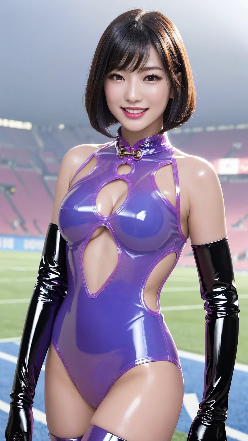 masterpiece, 1 girl, alone, Shortcuts, , Makoto "Queen" Niijima (Makoto Niijima) - Persona、Looking at the audience, Big Breasts, Mature Woman, blush, smile, Black Hair、Lilac eyes, Pink Bed, Mature Woman,Black latex gloves,Purple off-the-shoulder latex suit,Purple Skirt,Purple off-the-shoulder latex,Purple latex skirt,Latex shirt,Purple latex off-shoulder shirt,Armpit sweat
