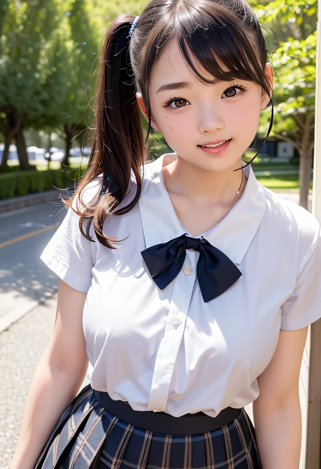laughing out loud,Wearing a pink student sailor uniform, The sailor suit is a white base with a pink bow tie and a pink collar.,Pink pleated skirt,(knee shot), 1 girl, On the face, light brown hair, blunt bangs, hair behind ears, Hair over the shoulders, long hair, Slender body type, Super thin face, face slimming, delicate lips, beautiful eyes, Thin blush, Eyes are light brown,Check it out here, (realistic:1.3), standing next to the street, 8k, , Super detailed, high quality, best quality, High resolution, ,Large Breasts,H CUP,