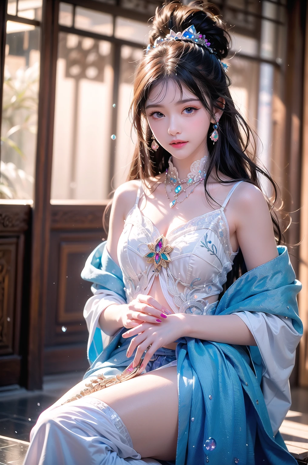 best qualtiy, tmasterpiece, 超高分辨率, (realisticlying:1.5), RAW photogr, 1girll, silber hair, long whitr hair,hair adornments,bshoulders,Cold and glamorous,Raised sexy,Cyan and pink tulle dress, Detailed scenes, amazing pose, Eye-catching accessories, Picturesque