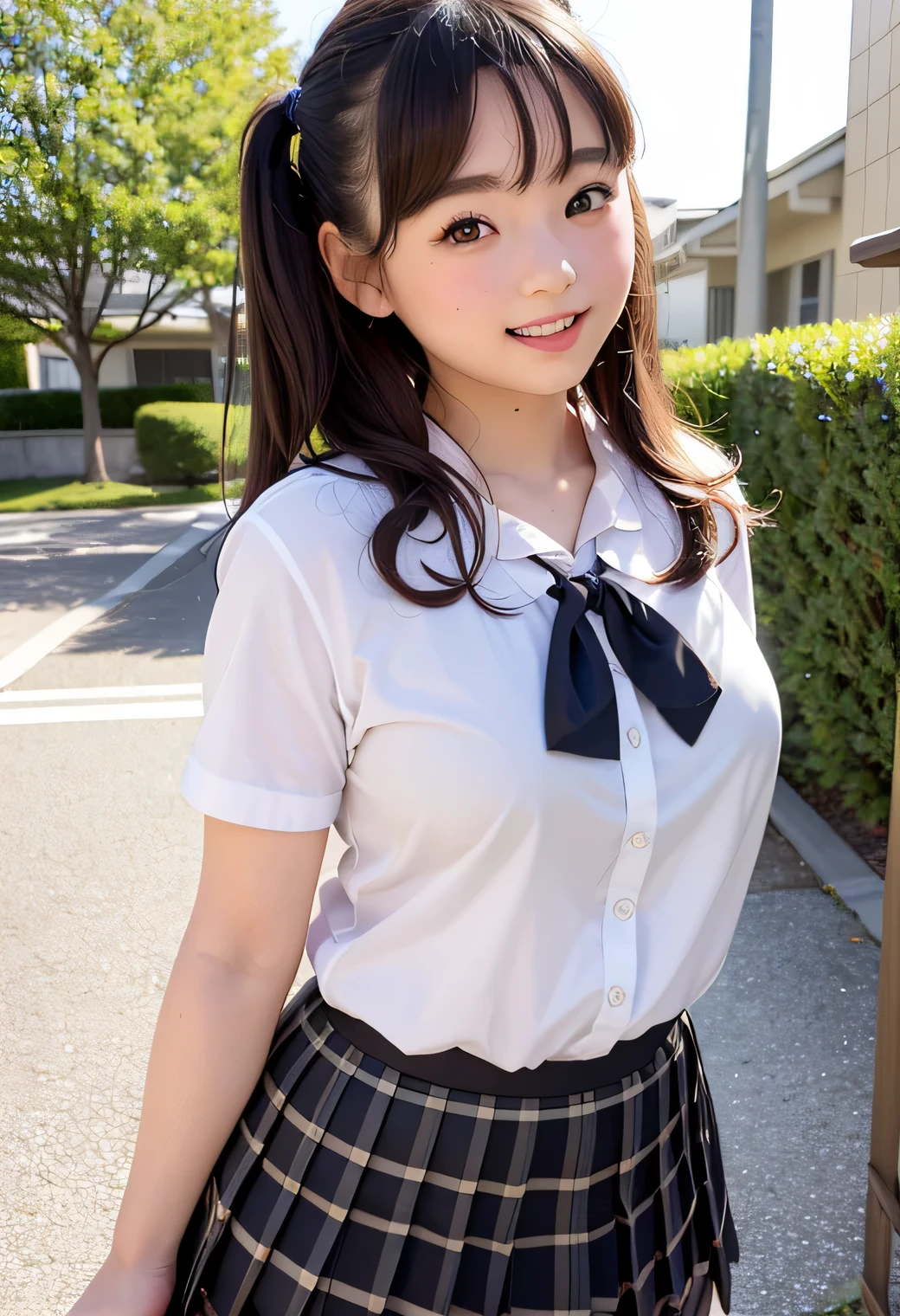 (Highest quality,masterpiece:1.3,Ultra-high resolution),(Very detailed、Caustics) (Realistic:1.4, RAW shooting、)Ultra-Realistic Capture、Very detailed、Natural skin texture、masterpiece、(Japan woman in high school uniform:1.3),Adorable expression、Expressions of happiness、14 years old、height: 160cm、Young Face、Amazingly cute、Twin tails、Straight hair、Scrunchie、Black Hair、Heavy makeup、H-cup busty、Shining thighs、Skin Arm、Background details、smile、An inviting gaze、Anatomically correct、Cowboy Shot、Attention to detail、Photographed on the main street of a summer resort early in the morning、Sexy pose、