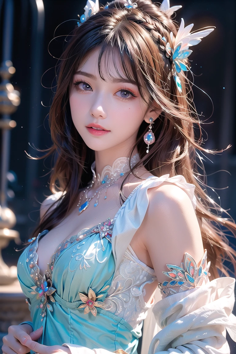 ((masterpiece)), ((highest quality)), (Super detailed), ((cute)), cute, ((Lovely)), ((very detailed)), (detailed face), (Depth of the bounds written), (detailed eye), (detailed faceの特徴), (Detailed clothing characteristics), 4k, (8K), highest quality, (beautiful), figure, a cute girl, (1 girl), (cowboy shot), (From above:1.1), outside, (valley:1.1), (walk), (Verdandy, the Nordic goddess of fate), (They wear a Norse goddess lace dress), (Norse goddess lace dress with many decorations:1.3), (They wear very revealing Norse goddess lace dresses:1.3), (北欧の女神の胸のvalley間カットアウトドレス:1.3), (Transparent lace cape:1.3), beautiful brown hair, (wavy hair), (short bob), beautiful blue eyes, ((beautiful eyes)), necklace, (smile)