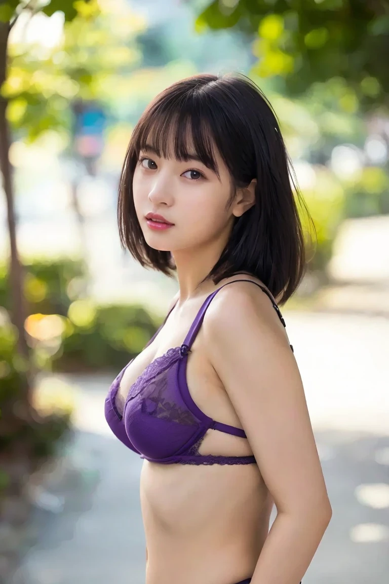 28 years old korean beautiful girl navy blue bikini big breast black hair standing in water park above pink flower tree