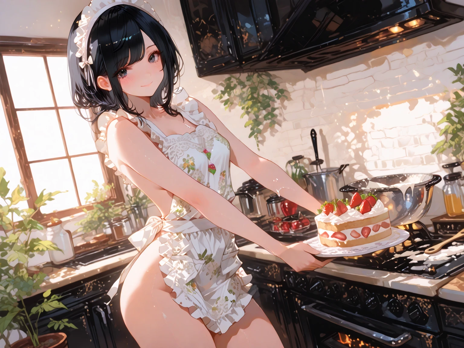((32k)), ((best quality)), ((ultra high res)), ((HDR)), ((UHD)), ((extremely detailed CG)), ((unity 32k wallpaper)), (1girl), ((14 years old)), (ideal ratio body proportions), very long hair, (breasts), looking at viewer, blush, smile, bangs, thighhighs, bow, holding, cleavage, jewelry, (((black bikini))), ((medium breasts)), closed mouth, standing, swimsuit, (black hair), (low ponytail), short sleeves, bikini, ((cowboy shot)), earrings, frills, food, black thighhighs, indoors, bowtie, cup, puffy short sleeves, wrist cuffs, grey eyes, thigh strap, detached collar, side-tie bikini bottom, thigh gap, table, single thighhigh, plate, tray, teacup, cake, bridal garter, holding tray, cake slice, from below,  