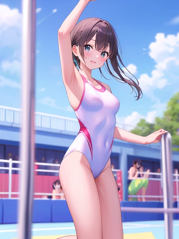 masterpiece、highest quality、Very detailed、Photograph the upper body、1 female、(Arms behind your back:1.4)、Are standing、Turn your body forward、View your viewers、(white gymwear:1.2,break,red buruma:1.2)、blush、shy、Purple Hair、Open your mouth、outdoor sports field、Big Breasts、