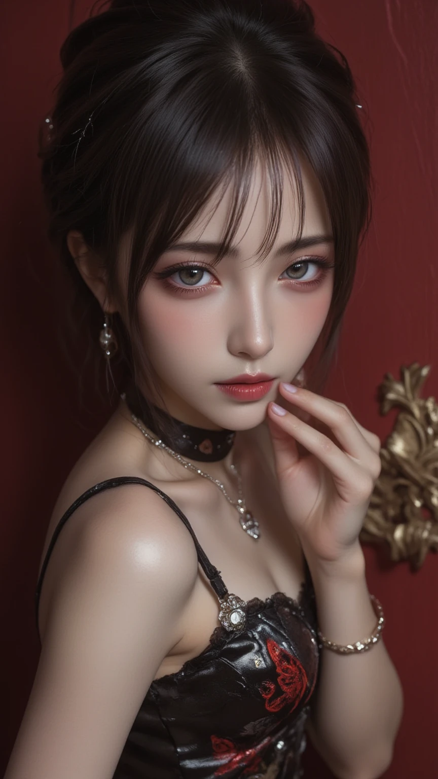 Tattoo Girl, skull、Rose、so beautiful, Murderous, Handsome, betrayal, anger, Dark Background, 8k, Dynamic Wallpapers, Very delicate, Very dark white tank top、