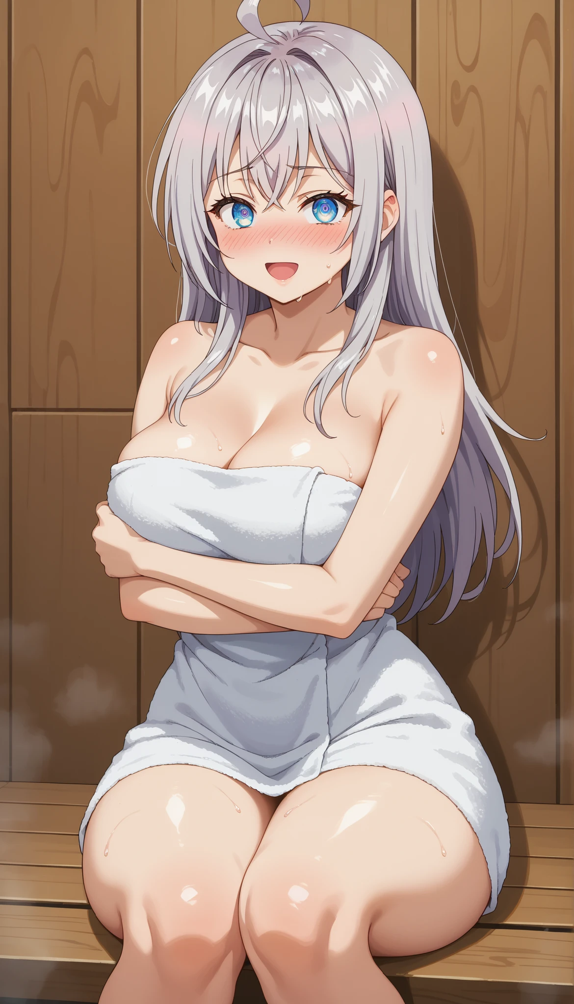 score_9, score_8_up, score_7_up, anime screencap, source_anime, latest, masterpiece, absurd, very aesthetic, amazing quality, high resolution, ultra detailed, best quality, incredible quality, young girl, detailed face, extremely detailed eyes, 1girl, BREAK alisamikhailovnakujou, <lora:alisa-mikhailovna-kujou-alpha-ponyxl-lora-nochekaiser:1>, alisamikhailovnakujou, 1girl, long hair, gray hair, ahoge, crossed bangs, blue eyes, milky white complexion, pale skin, thick thighs, , (curvy), ((wide hips)), (((thick thighs))), ((beautiful skin, beautiful eyes, beauty, extraordinarily beautiful woman, attractive woman, super sexy woman, cute and lustful body, sexy woman with seductive and obscene body, sensual body, voluptuous body)), (full face blush: 1.2), (body blush: 1.2), blush, blushing, blush, serious, arms crossed, blushing, serious, looking at viewer, open mouth, smile, blush, facial, :d, raised eyebrows, abstract background, looking at viewer, fetal position, hugging legs, head down, cowboy hat shot, perfect round breasts, detailed eyes, detailed face, looking at viewer, masterpiece, absurd, amazing quality, aesthetic, new, indoor, indoor sauna, steam, wood, sweat, glowing skin,
naked towel, white towel, cleavage, CENSORED, (Beautiful big breasts: 1.2), natural breasts,