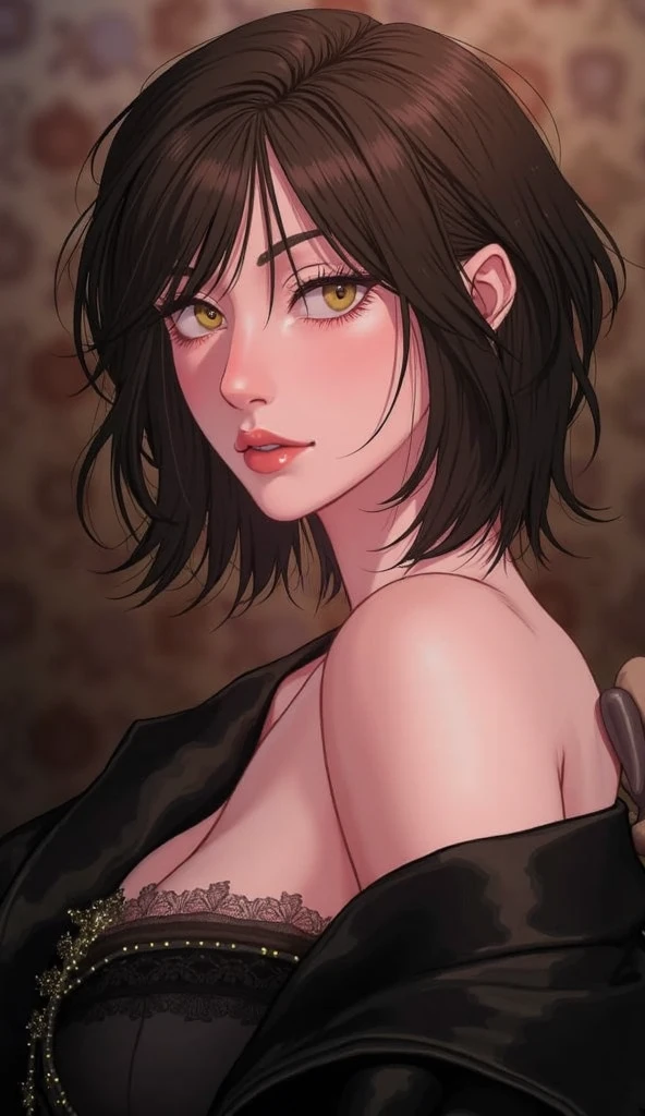 masterpiece, seductive face, good lighting, décolleté, huge breasts, small details, masterpiece, glowing eyes, 1girl, short black hair, gag, Mikasa Ackerman , wisteria background, masterpiece, best quality, POV, whole body, wide hips,