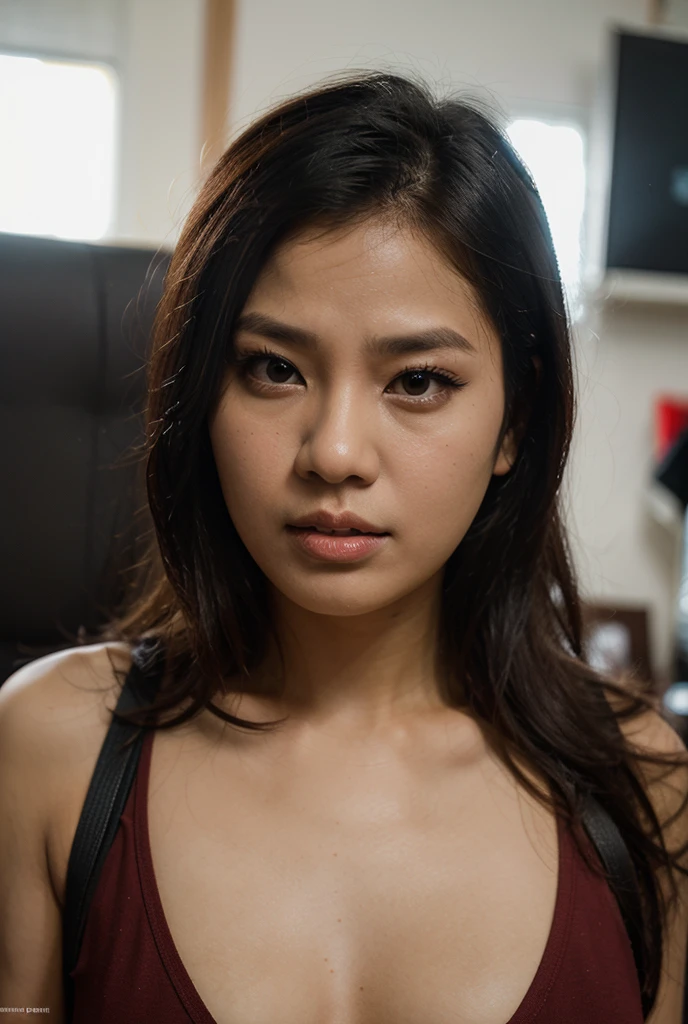 highest quality, epic realistic, ((in the pitch black darkness :1.4)), ((portrait:1.5)),(background: dark ) high contrast ,glorious picture, lowest lux, lighting face, she's comfortable, wearing white lingerie, looks incredible, (8k, Raw photo, Highest quality),(epic realistic:1.5), a woman, face,(detailed eyes:0.8),(looking at the camera:1.4), (Highest quality), ( high contrast, deep shadows),Intricate details,cinematic,((skin:1.4)), (long dark hair:1.3), long hair, messy ,(Hdr:1.5),Detailed, colors, Superior quality, Masterpiece, Raw Photo (20-year-old, looking at viewer), beautiful, (wearing underwear,), perfect, natural, perfect composition, portrait, perfect face, Captivating eyes, Bright details, Tight lips, (High Skin Detail),, (blue tint: 0.6), (sale: 0.8), (bloody: 0.7), Key lighting , (backlight: 0.5), Medium depth of field, Canon 5d, 50mm lens, f/4 apertures, (Ultra-detailed, Complex detail), sharp focus, soft colors, 8k, Absurd, 80mm, dark background, photography, soft smile, pinay, (puffed breast, ample cleavage, nipple slip)