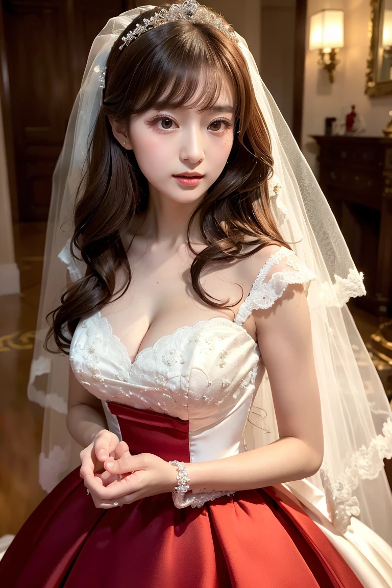 (best quality, masterpiece:1.2), (realistic:1.3), (ultra-detailed background, detailed background), bokeh, sexy cleavage, frilled dress, lace-trimmed dress, bridal tiaras, gorgeous pink wedding dress, luxury wedding dress, classic wedding dress, bridal veil, bridal gauntlets, bridal cascading bouquet, upper body, wedding at church, from above, the skirt spreads round and wide, 1girl, cute, teenage, posing, smiling, dynamic angle, dynamic pose, very long hair